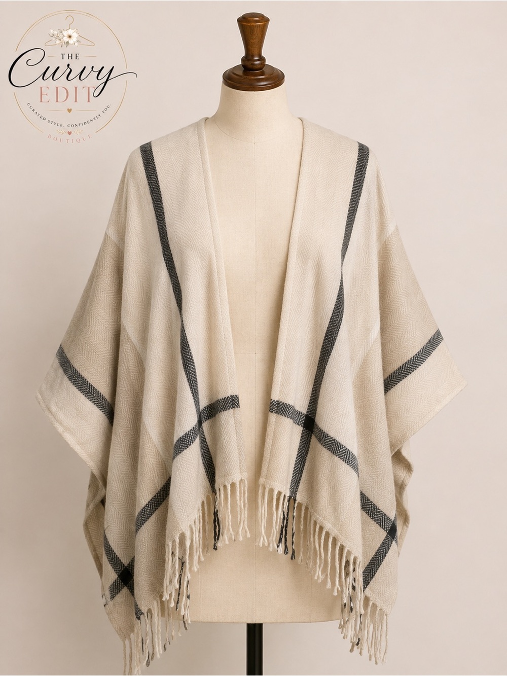 Three Dots NWT Plaid Fringe Wrap Poncho Cashmere Wool Blend One Size Chic